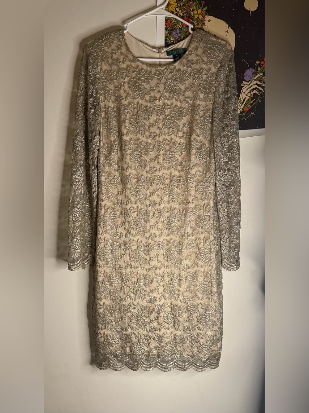 Ralph Lauren Cream Lace Long-Sleeve Shift Dress